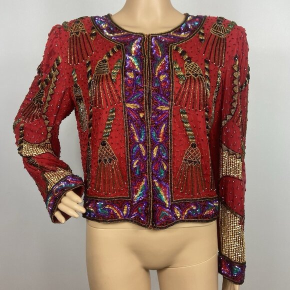 Vintage Laurence Kazar Heavy Beaded Silk Jacket Sz L Formal Tassel Blazer - Picture 2 of 12